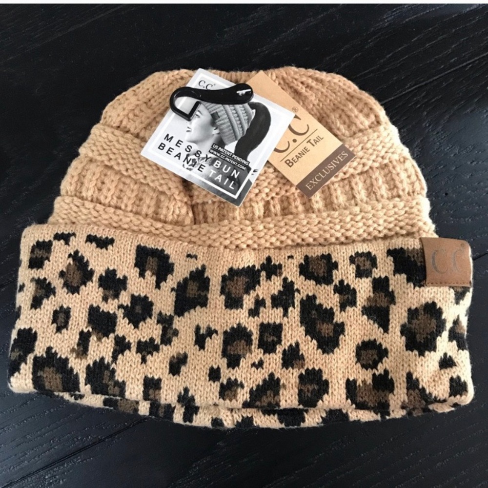 C.C Exclusives Messy Bun Beanie Tail Leopard Hat - Picture 3 of 8